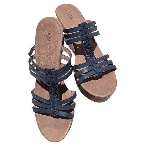 Ugg Mattie Platform Blue Strappy Leather Wedge Sandals Shoes Women’s Size 10 - Picture 1 of 9